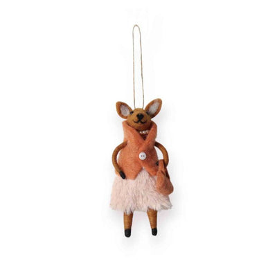 Felted animal ornament, specifically a kangaroo, on a white background, by La La Land | Christmas kangaroo ornament