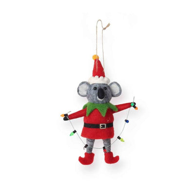 Christmas ornament of a koala in elf costume on a white background by La La Land | Zebra Finch Style