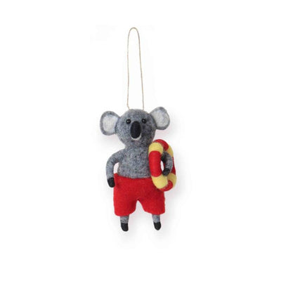 Felt koala ornament with a life preserver on a white background by La La Land