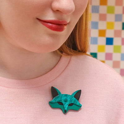 Fennec Fox resin brooch on model by Erstwilder from their 2024 Fan Favourites collection