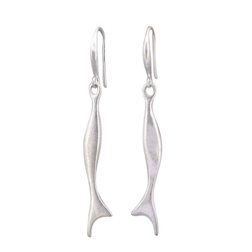 Pair of silver fish-shaped earrings on a white background by Tiger Tree