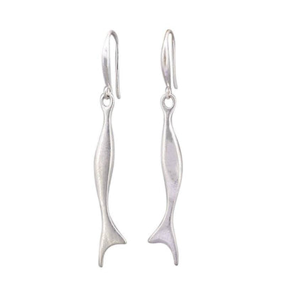 Pair of silver fish-shaped earrings on a white background by Tiger Tree