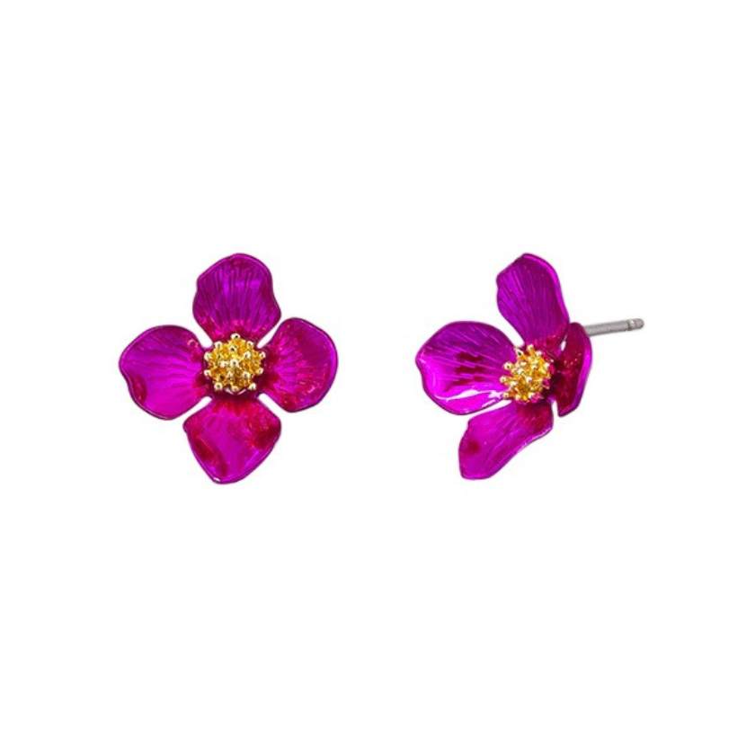 Pair of pink flower-shaped earrings with gold centers on a white background by Tiger Tree