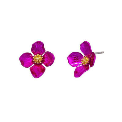 Pair of pink flower-shaped earrings with gold centers on a white background by Tiger Tree