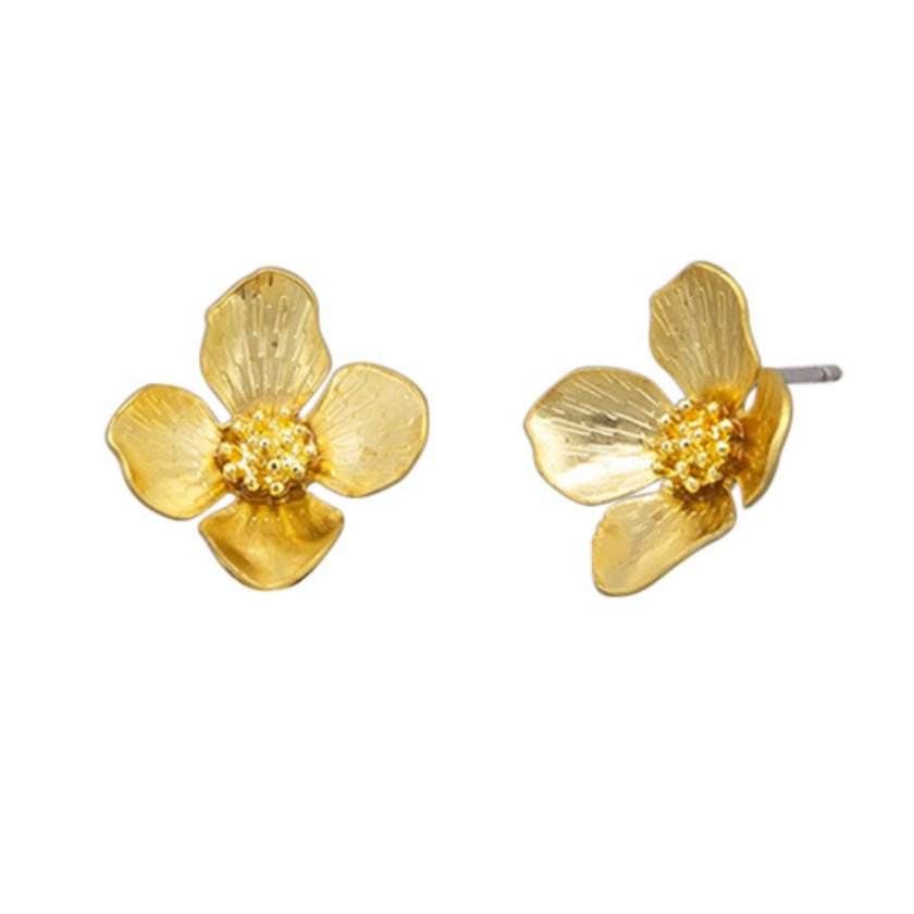 Pair of gold flower-shaped earrings on a white background by Tiger Tree
