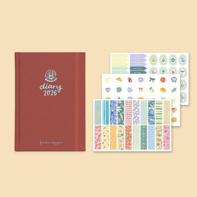 Brown diary with '2026' and decorative stickers on a beige background, by Frankie. Frankie diary available at Zebra Finch in Newcastle, NSW