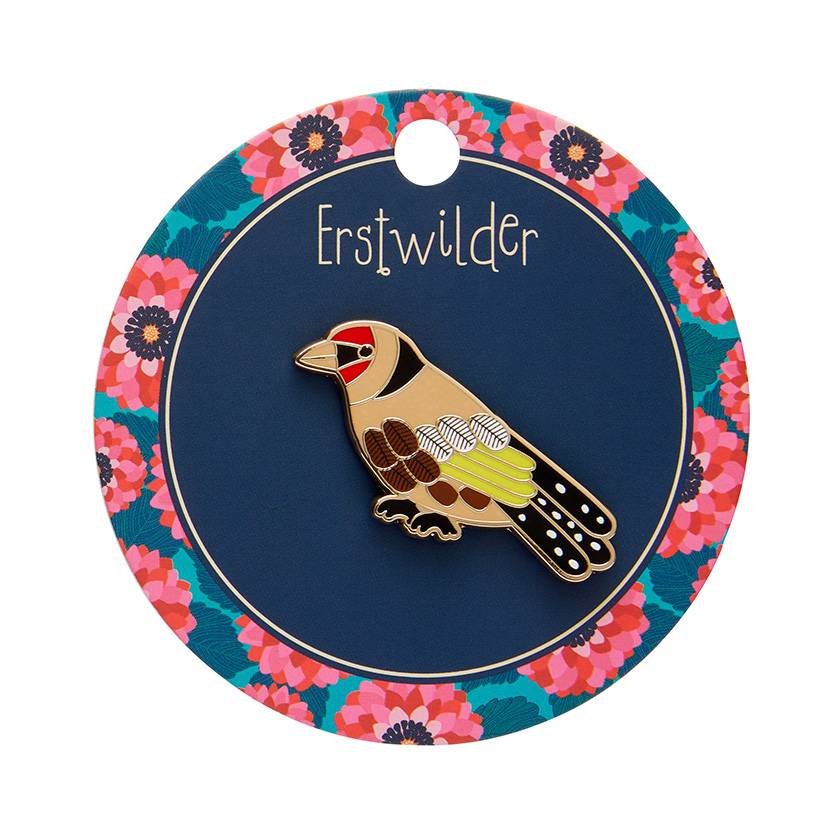 On card - Go for goldfinch enamel pin by Erstwilder from their 2025 Jocelyn Proust collection