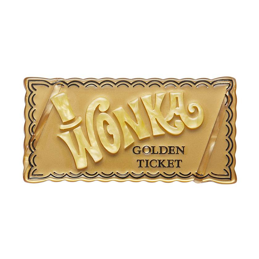 Golden Ticket Wonka Bar Brooch by Erstwilder from their December 2024 Willy Wonka and The Chocolate Factory collection