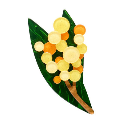 Golden Wattle resin brooch by Erstwilder from their 2025 Australiana collection. Stocked at Zebra Finch Style in Newcastle, NSW