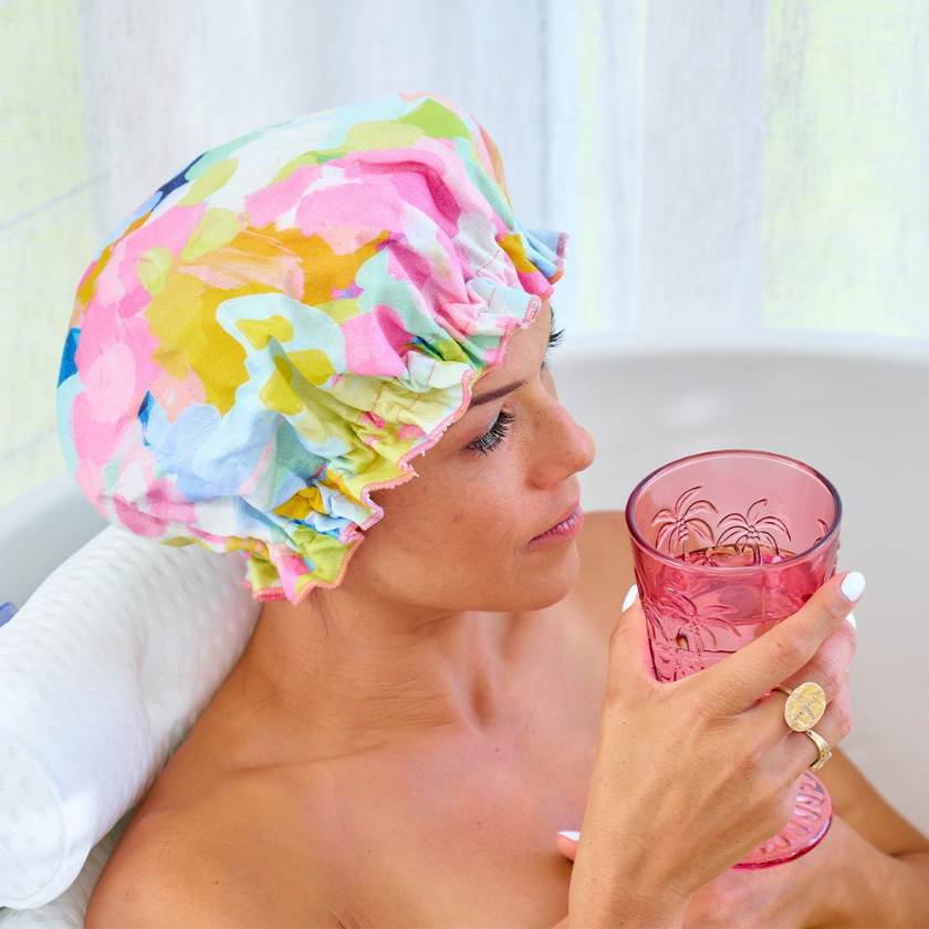 Good Vibes Shower Cap by Annabel Trends - Linen shower cap made in Australia