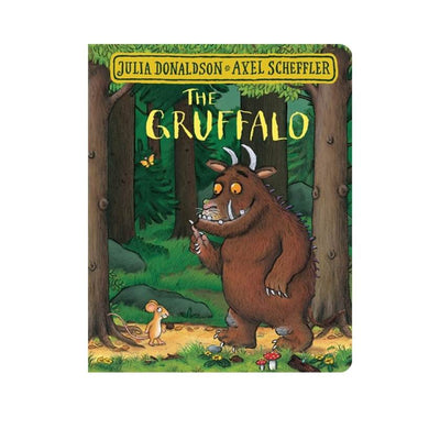 Book cover of 'The Gruffalo' with a cartoon gruffalo and mouse in a forest setting.