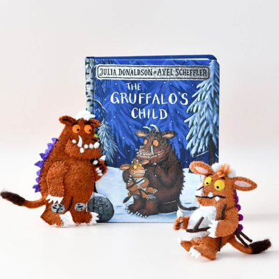 Plush toys inspired by 'The Gruffalo's Child' book with a white background