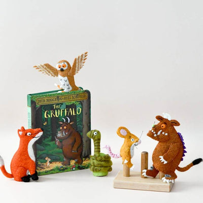 Felt toys inspired by 'The Gruffalo' book on a white background. Stockists of Tara Treasures at Zebra Finch in Newcastle, NSW