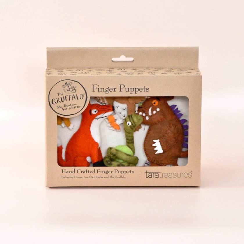 Box of handcrafted finger puppets featuring a fox, owl, and dragon design on a light pink background. Stockists of Tara Treasures at Zebra Finch in Newcastle, NSW