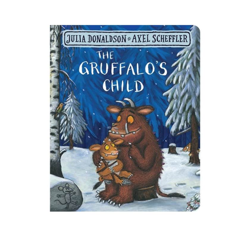 Book cover of 'The Gruffalo's Child' with a Gruffalo and child in a snowy scene.