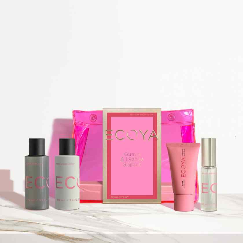 Guava and lychee travel set from Ecoya's holiday collection