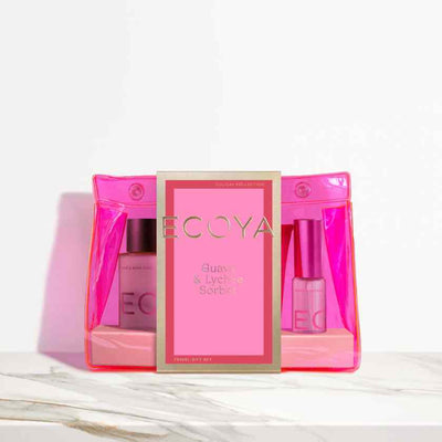 Guava and lychee travel set from Ecoya's holiday collection