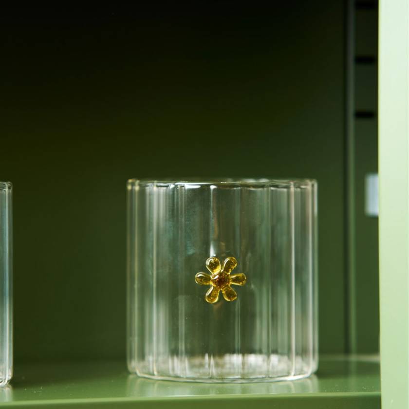 Clear glass tumbler with a yellow flower by Robert Gordon | Robert Gordon Stockist in Newcastle, NSW