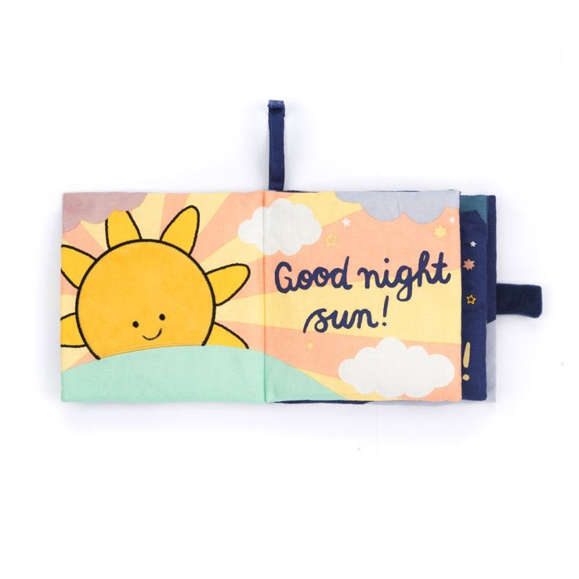 Children's book with a sun illustration and 'Good night sun!' text on a white background, Hello Moon Fabric Book by Jellycat . Jellycat Stockist in Newcastle, NSW at Zebra Finch Style