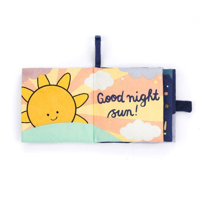 Children's book with a sun illustration and 'Good night sun!' text on a white background, Hello Moon Fabric Book by Jellycat . Jellycat Stockist in Newcastle, NSW at Zebra Finch Style