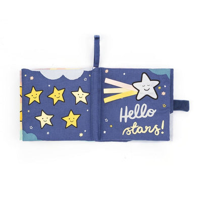 Open book with star illustrations and 'Hello stars!' text on a white background, Hello Moon Fabric Book by Jellycat . Jellycat Stockist in Newcastle, NSW at Zebra Finch Style