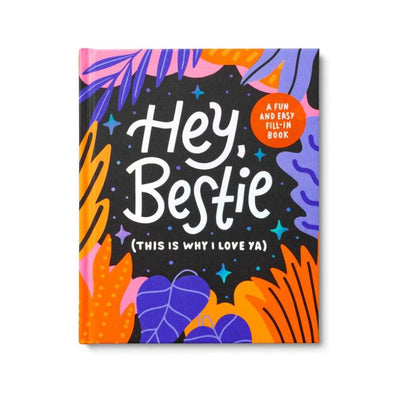 Colorful book cover with 'Hey, Bestie' text and decorative elements on a white background