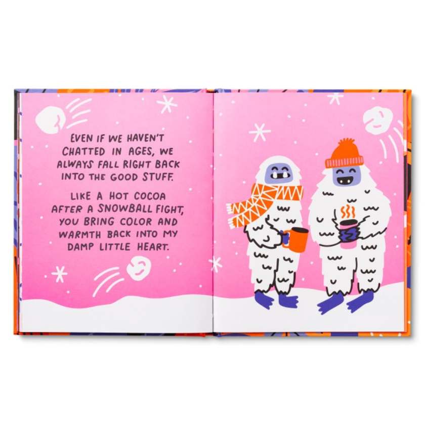 Illustrated book open to two pages with characters and text on a pink background