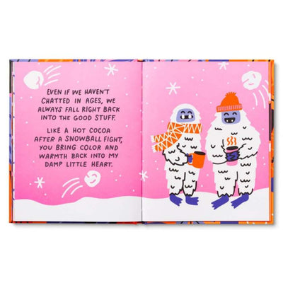 Illustrated book open to two pages with characters and text on a pink background