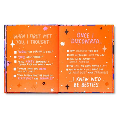 Open book with orange pages displaying humorous text about friendship on a white background