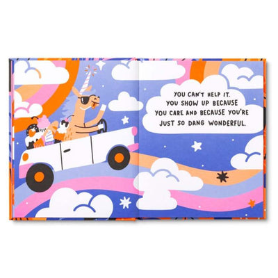 Illustrated book page with a car, unicorn, and cloud design on a white background