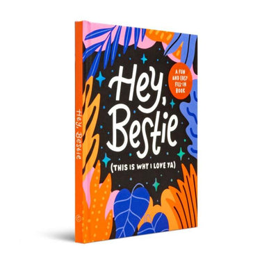 Colorful book titled 'Hey, Bestie' with abstract designs on a white background