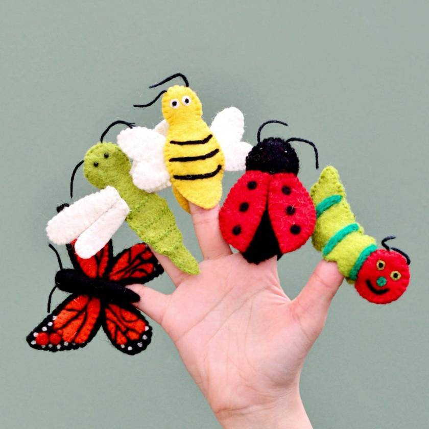 Insects Finger Puppet Set - Made in Nepal with Fair Trade 100% NZ Wool. Brand is Tara Treasures