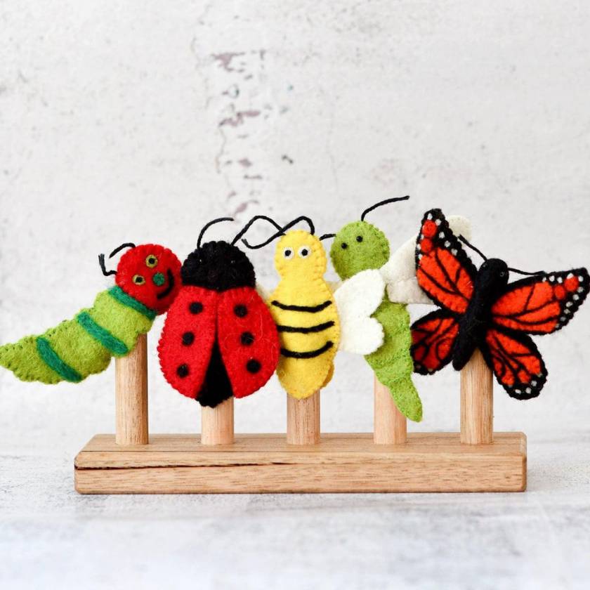 Insects Finger Puppet Set - Made in Nepal with Fair Trade 100% NZ Wool. Brand is Tara Treasures