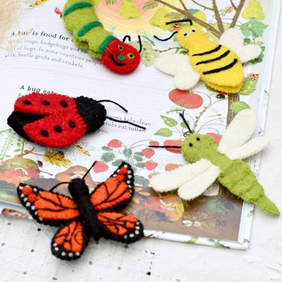 Insects Finger Puppet Set - Made in Nepal with Fair Trade 100% NZ Wool. Brand is Tara Treasures