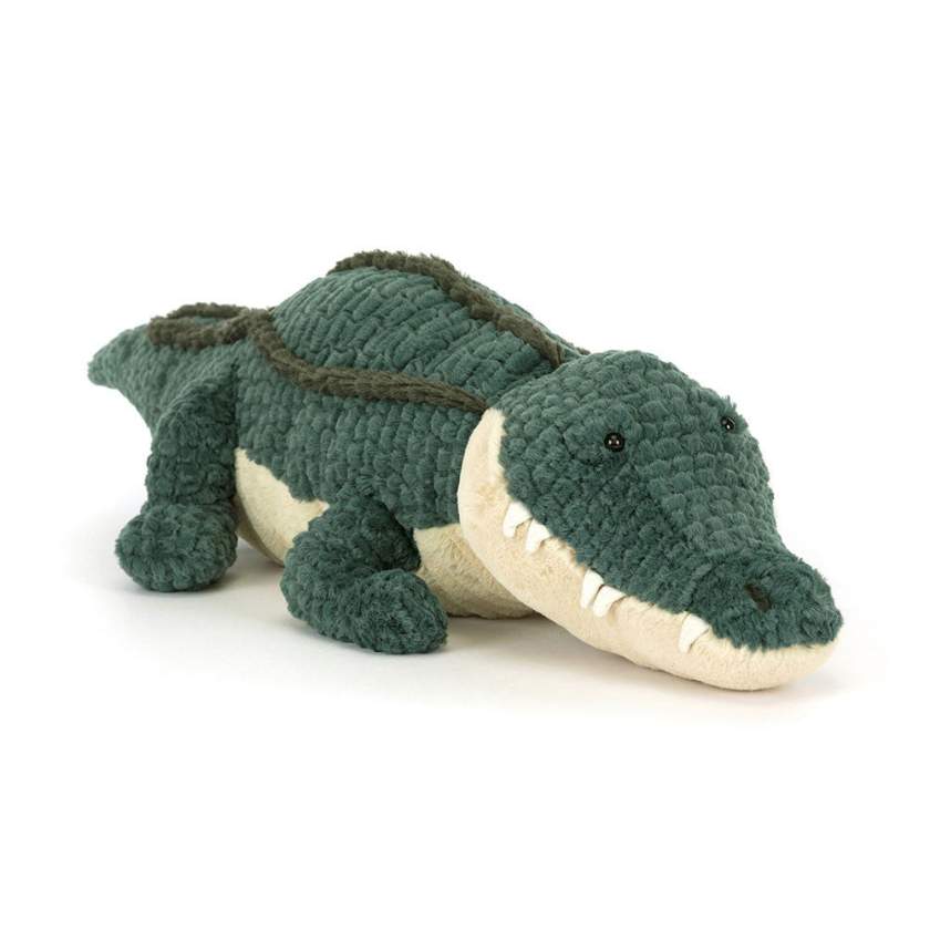 Plush toy alligator on a white background - Jellycat Allexi Alligator. Jellycat Stockist in Newcastle, NSW at Zebra Finch