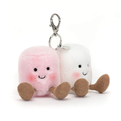Two plush characters, one pink and one white, with a clip on a white background. Jellycat Amuseables Pair of Pink and White Marshmallows Bag Charm. Jellycat Stockists in Newcastle, NSW at Zebra Finch