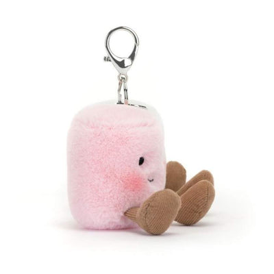 Two plush characters, one pink and one white, with a clip on a white background. Jellycat Amuseables Pair of Pink and White Marshmallows Bag Charm. Jellycat Stockists in Newcastle, NSW at Zebra Finch