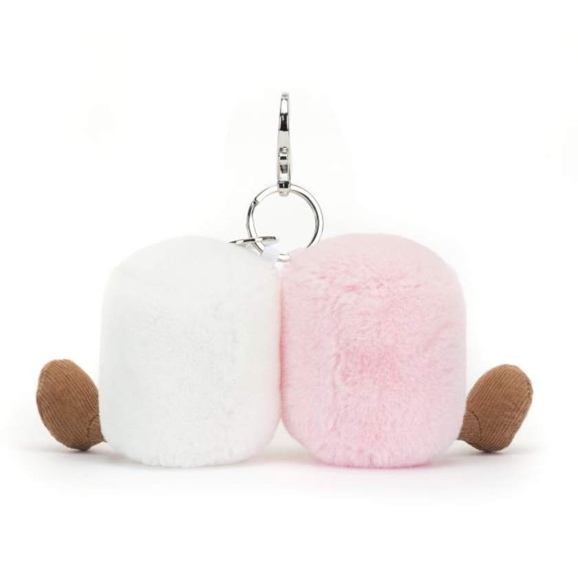 Two plush characters, one pink and one white, with a clip on a white background. Jellycat Amuseables Pair of Pink and White Marshmallows Bag Charm. Jellycat Stockists in Newcastle, NSW at Zebra Finch
