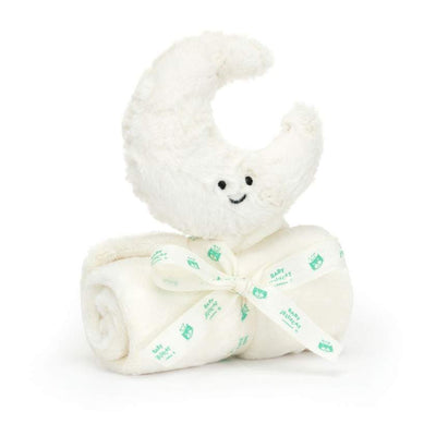 Plush toy shaped like a crescent moon with a smiling face, wrapped in white fabric - Jellycat Amuseables Moon Soother. Jellycat Stockist in Newcastle, NSW at Zebra Finch