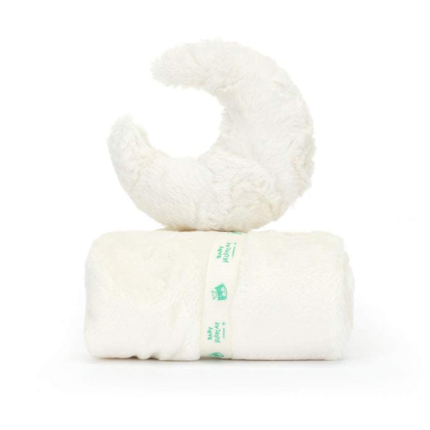 Plush toy shaped like a crescent moon with a smiling face, wrapped in white fabric - Jellycat Amuseables Moon Soother. Jellycat Stockist in Newcastle, NSW at Zebra Finch