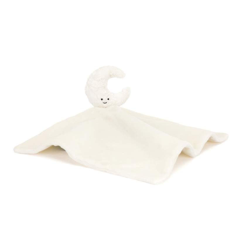 Plush toy shaped like a crescent moon with a smiling face, wrapped in white fabric - Jellycat Amuseables Moon Soother. Jellycat Stockist in Newcastle, NSW at Zebra Finch