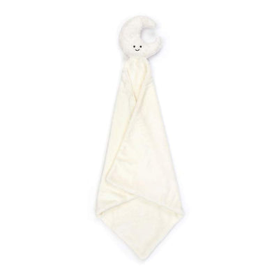 Plush toy shaped like a crescent moon with a smiling face, wrapped in white fabric - Jellycat Amuseables Moon Soother. Jellycat Stockist in Newcastle, NSW at Zebra Finch