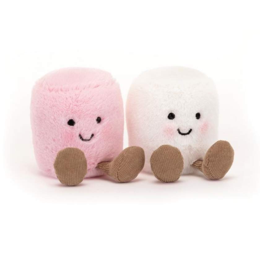 Two plush toys, one pink and one white, with smiling faces on a white background. Jellycat Amuseables Pink and White Marshmallows - Jellycat Stockist in Newcastle NSW at Zebra Finch Style
