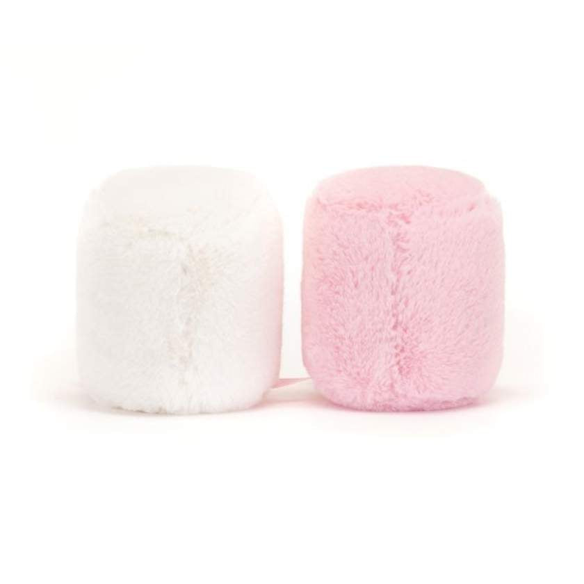 Two plush toys, one pink and one white, with smiling faces on a white background. Jellycat Amuseables Pink and White Marshmallows - Jellycat Stockist in Newcastle NSW at Zebra Finch Style