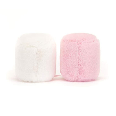 Two plush toys, one pink and one white, with smiling faces on a white background. Jellycat Amuseables Pink and White Marshmallows - Jellycat Stockist in Newcastle NSW at Zebra Finch Style