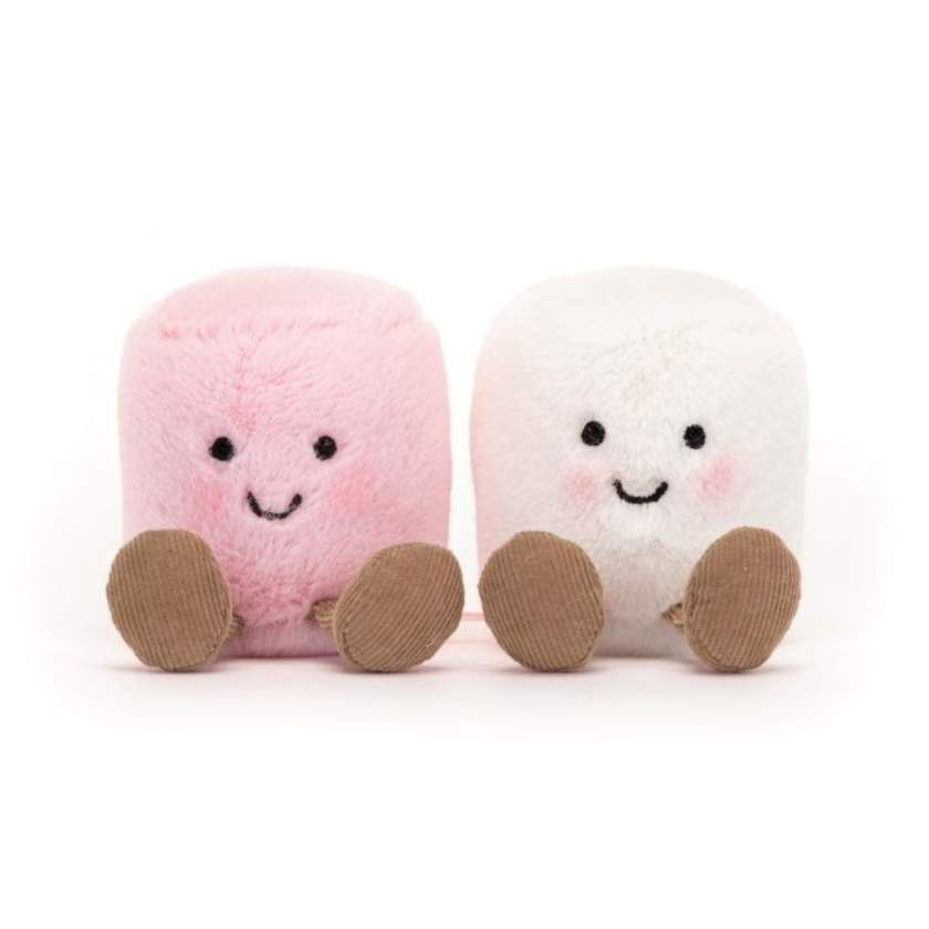Two plush toys, one pink and one white, with smiling faces on a white background. Jellycat Amuseables Pink and White Marshmallows - Jellycat Stockist in Newcastle NSW at Zebra Finch Style