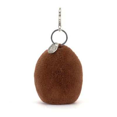 Plush coffee bean keychain with a face on a white background. Jellycat Amuseables Coffee Bean Bag Charm. Jellycat Stockist in Newcastle, NSW at Zebra Finch