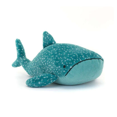 Teal plush whale toy on a white background. Jellycat Gobfrey Whale Shark - Jellycat Stockist at Zebra Finch Marketown in Newcastle, NSW
