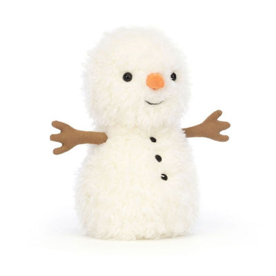 Plush snowman toy with a white body, orange nose, and black buttons on a white background by Jellycat | Jellycat Stockist in Newcastle, NSW at Zebra Finch