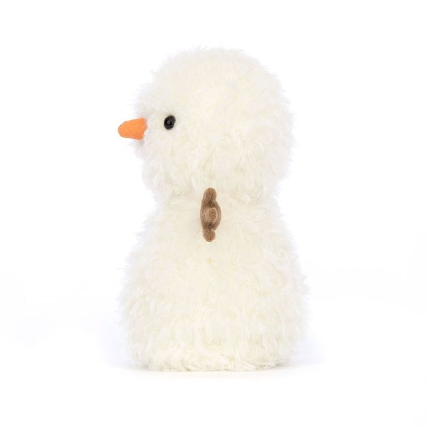 Plush snowman toy with a white body, orange nose, and black buttons on a white background by Jellycat | Jellycat Stockist in Newcastle, NSW at Zebra Finch